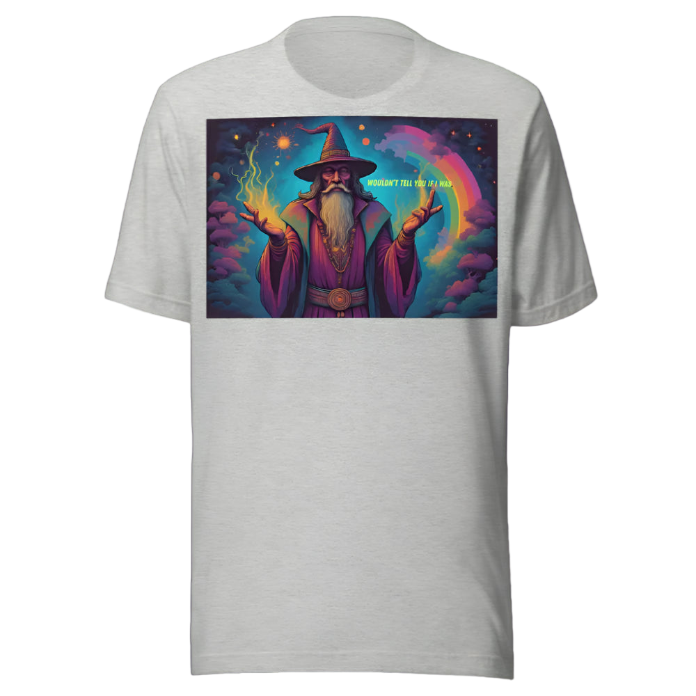 Gray t-shirt with a colorful wizard graphic on a white background