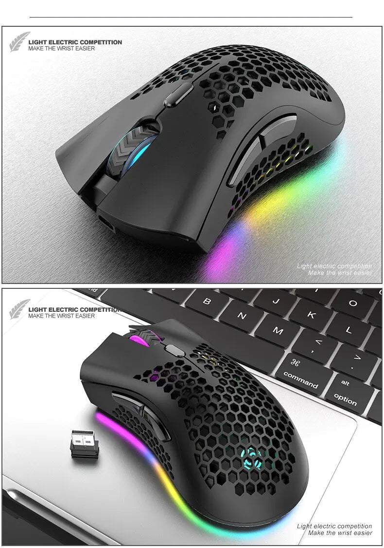 Gaming mouse with RGB lighting on a keyboard and surface