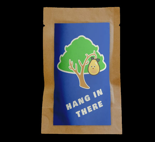 Card with 'Hang In There' message and cartoon character on blue background, placed on wooden surface
