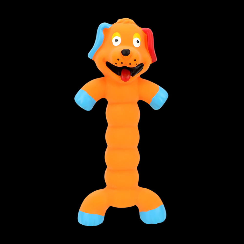 Orange dog-shaped toy with blue accents on a white background