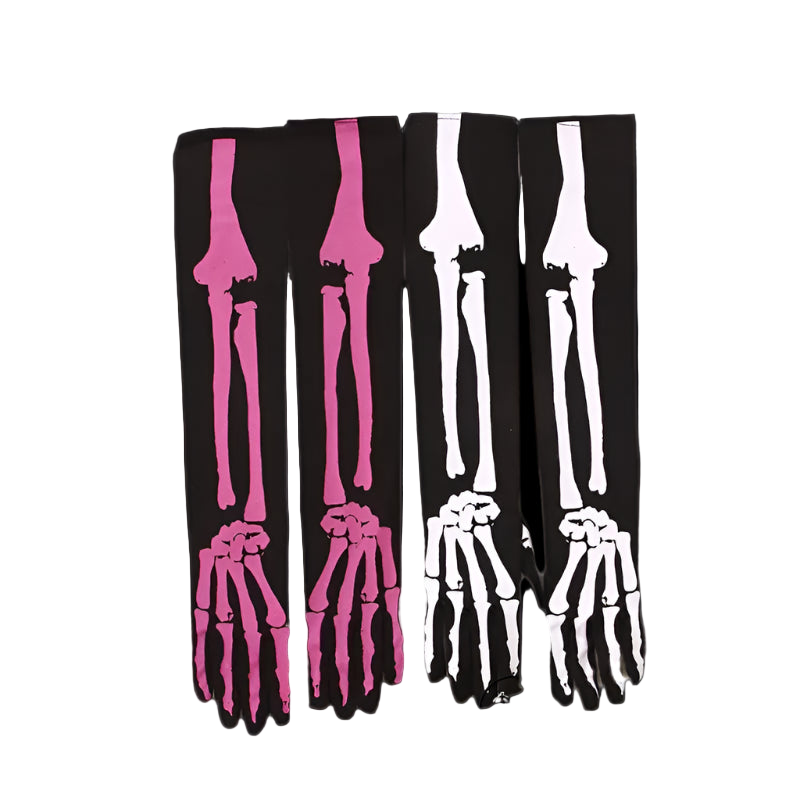 Pair of skeleton gloves with pink and white designs on a black background