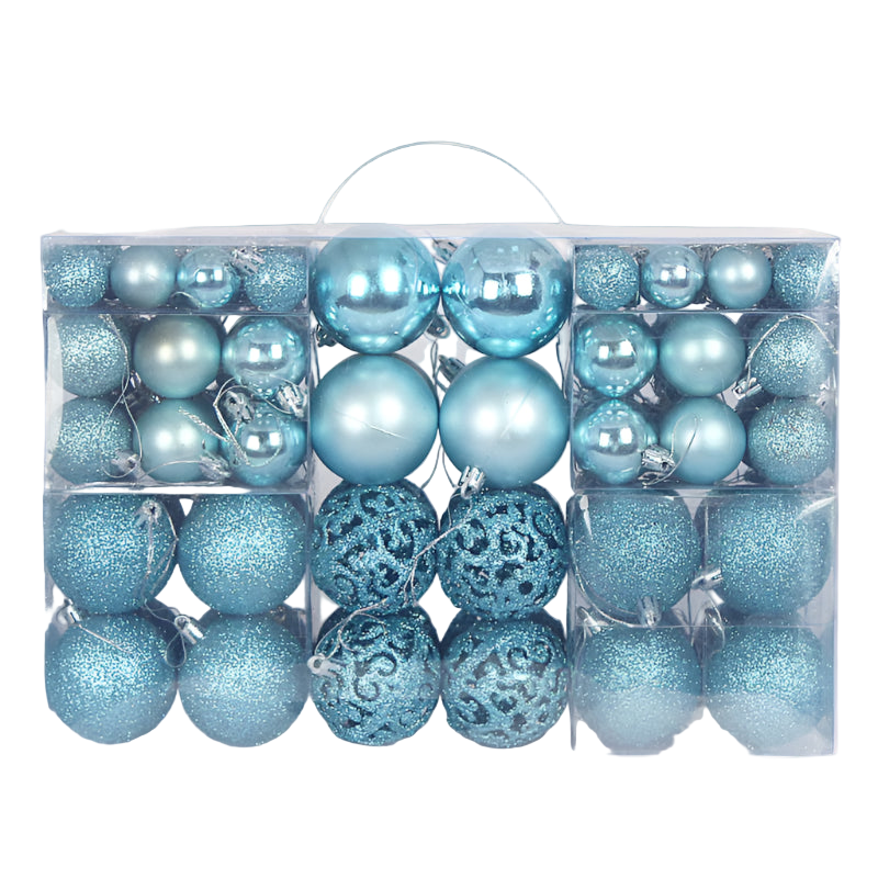 Box of blue Christmas ornaments with various textures on a white background