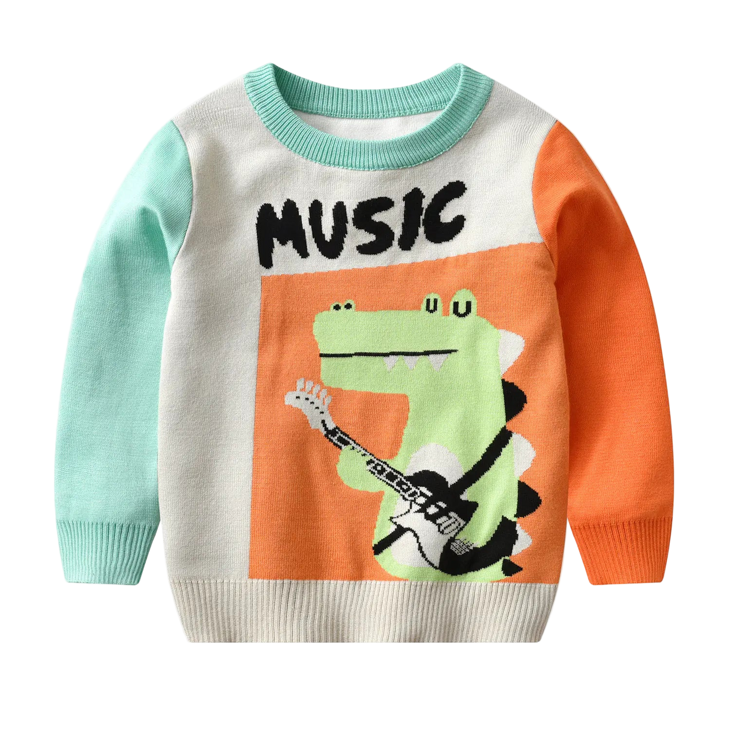 Children's sweater with a dinosaur playing guitar and 'MUSIC' text on a white background