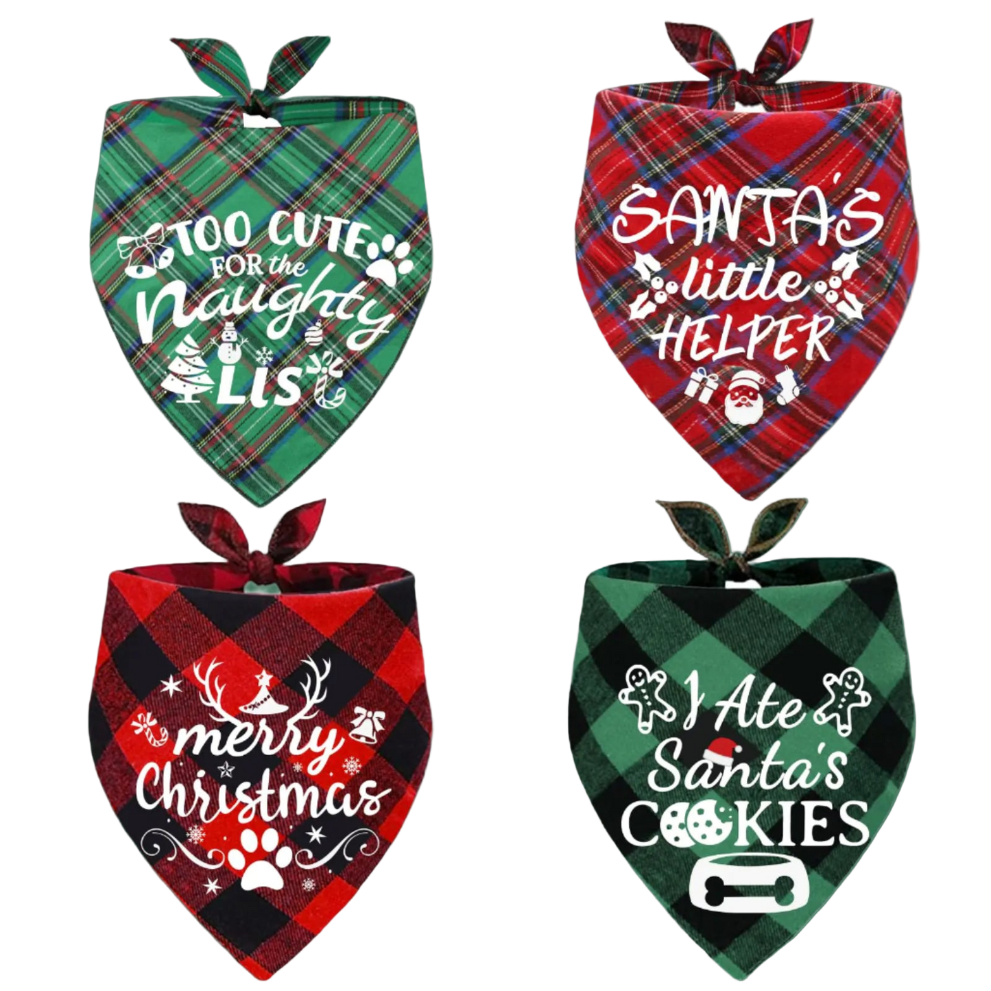 Four plaid pet bandanas with Christmas-themed text on a white background