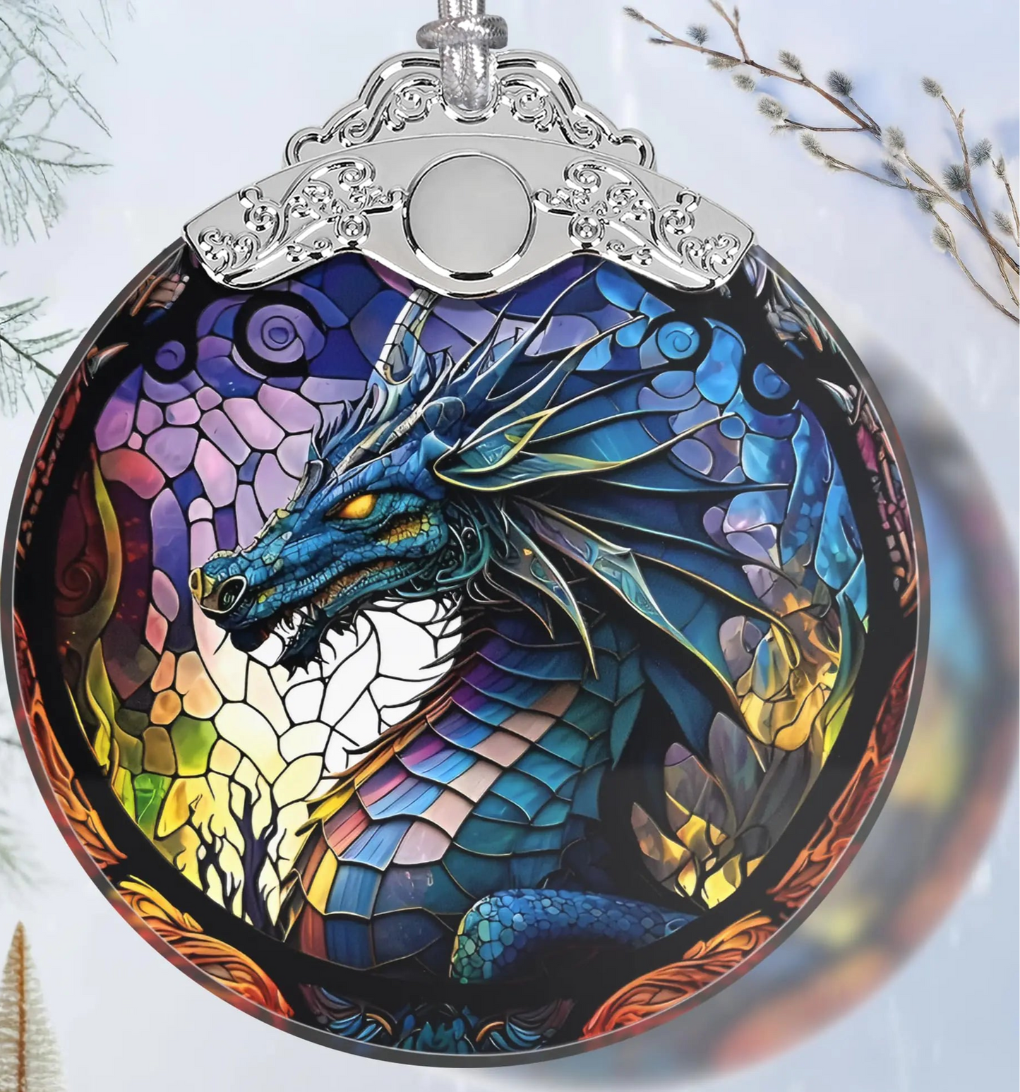 Colorful dragon ornament with intricate design on a white background