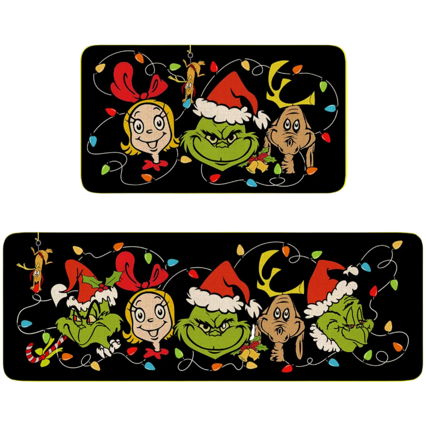 Two Christmas-themed car window stickers featuring cartoon characters with lights and Santa hats on a black background.