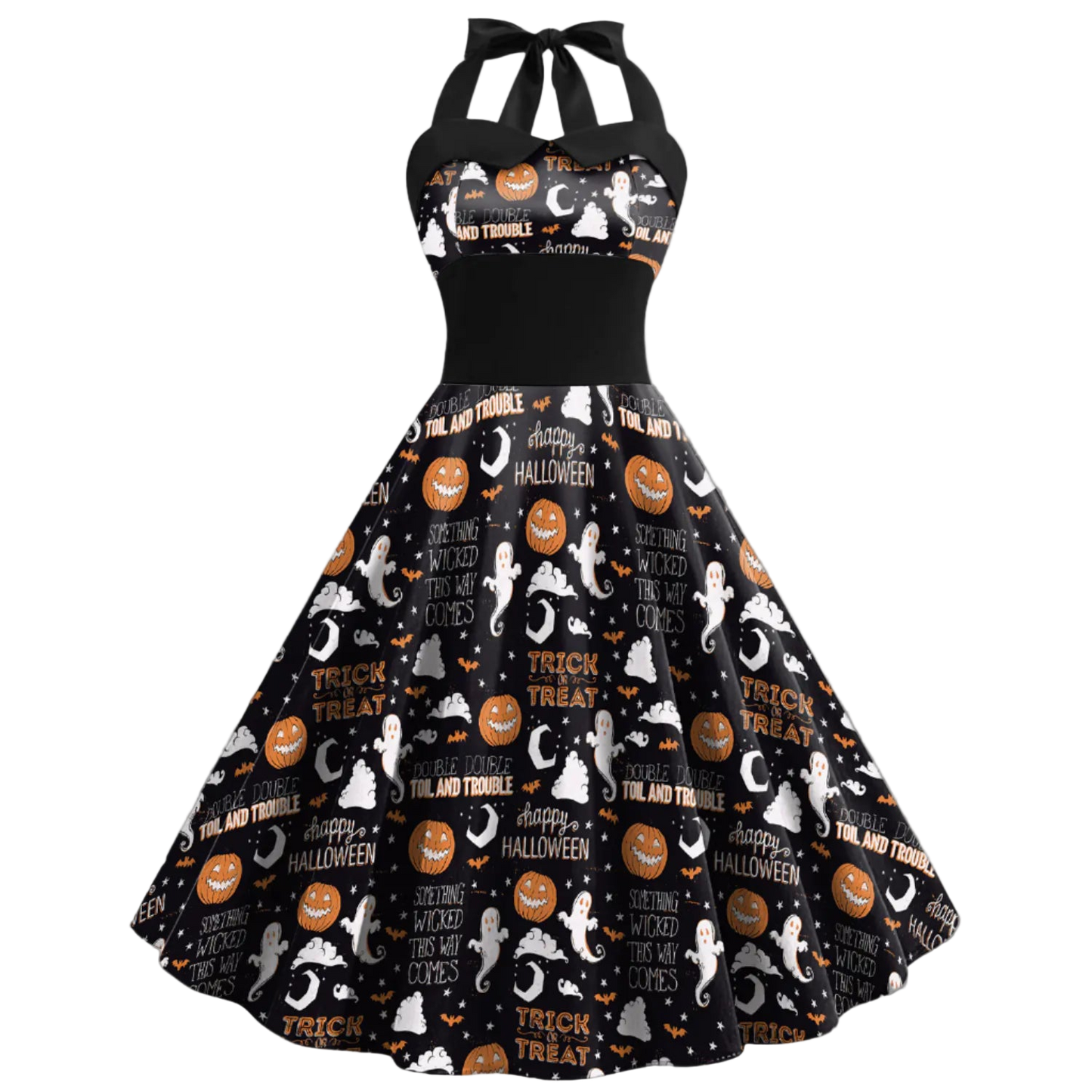 Halloween-themed dress with pumpkins, ghosts, and text on a white background