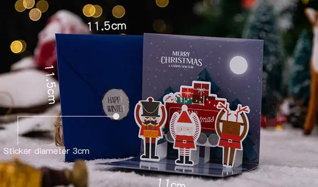 Christmas card with Santa Claus design and measurements on a festive background