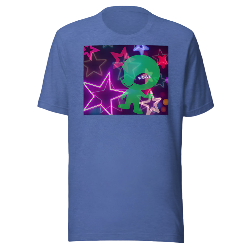 Blue t-shirt with a green cartoon character and colorful stars on a white background