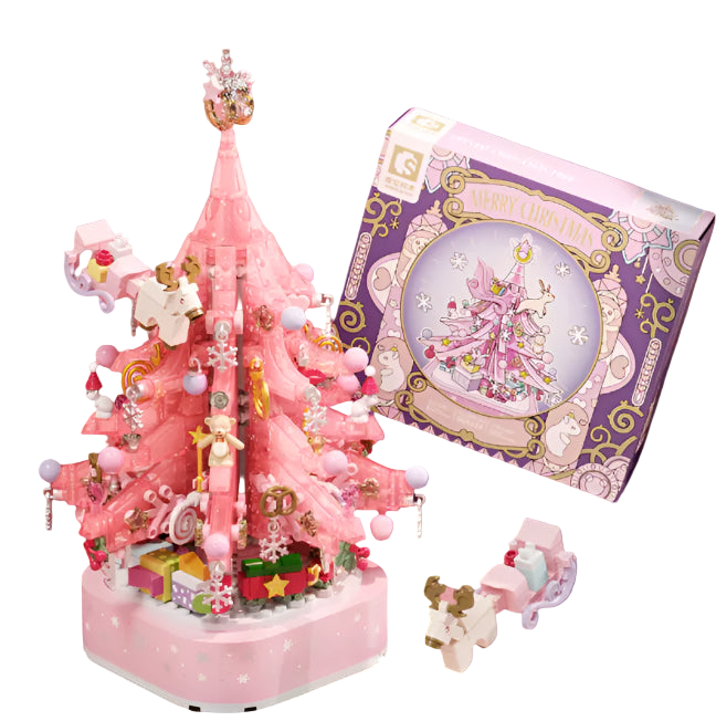 Pink Christmas tree decoration with packaging on a pink background