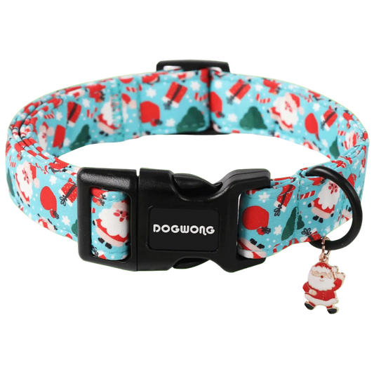 Dog collar with Christmas pattern and Santa Claus charm on a white background