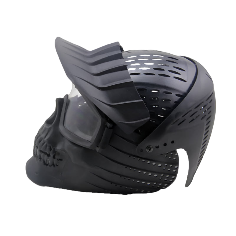 Black protective mask with visor on a white background
