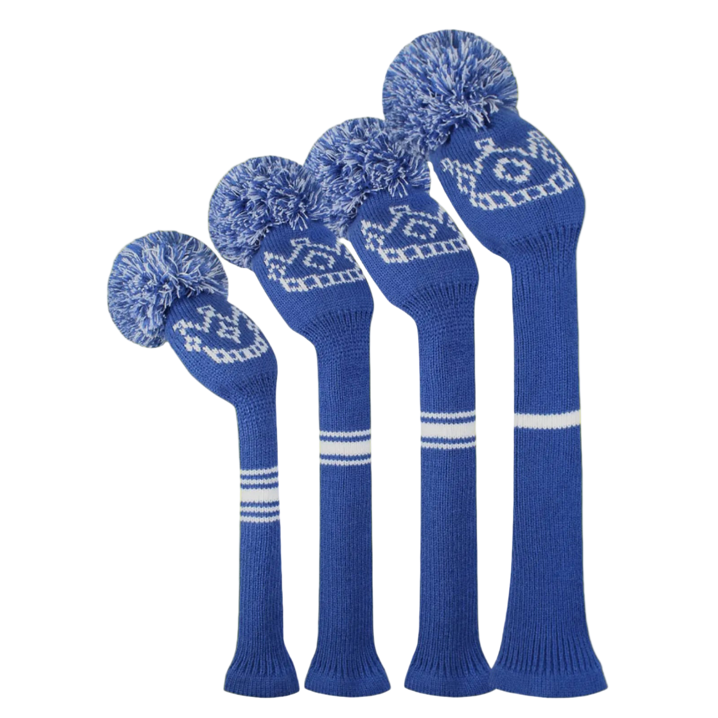 Set of blue knitted golf club heads with pom-poms on a white background