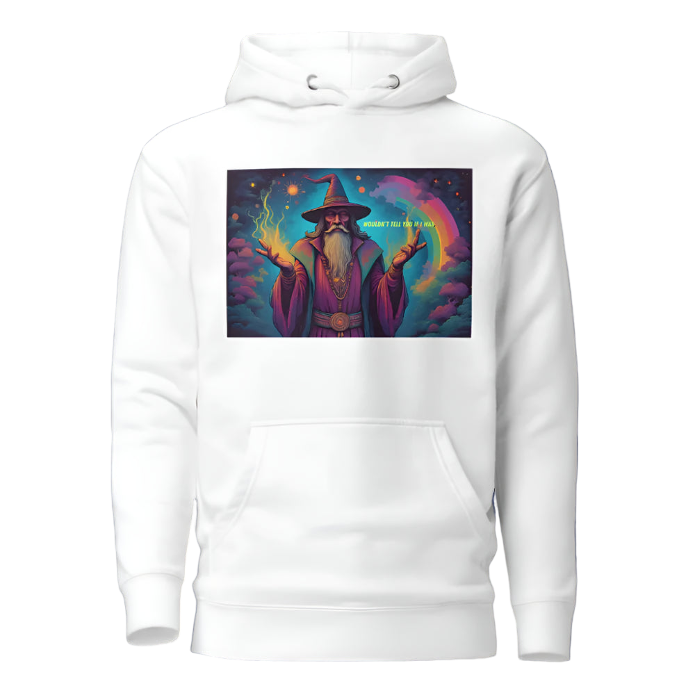 White hoodie with a colorful wizard graphic on a white background