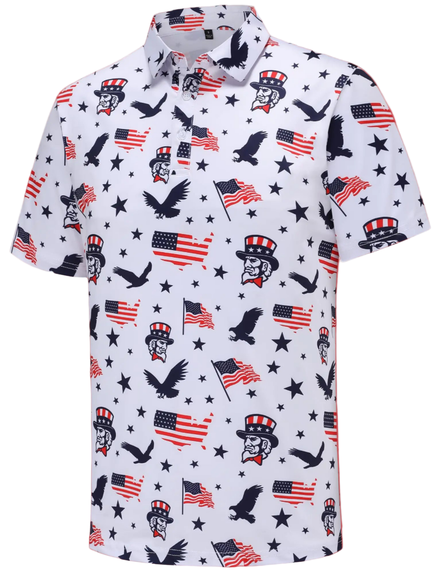 Short-sleeve shirt with American flag and eagle pattern on a white background