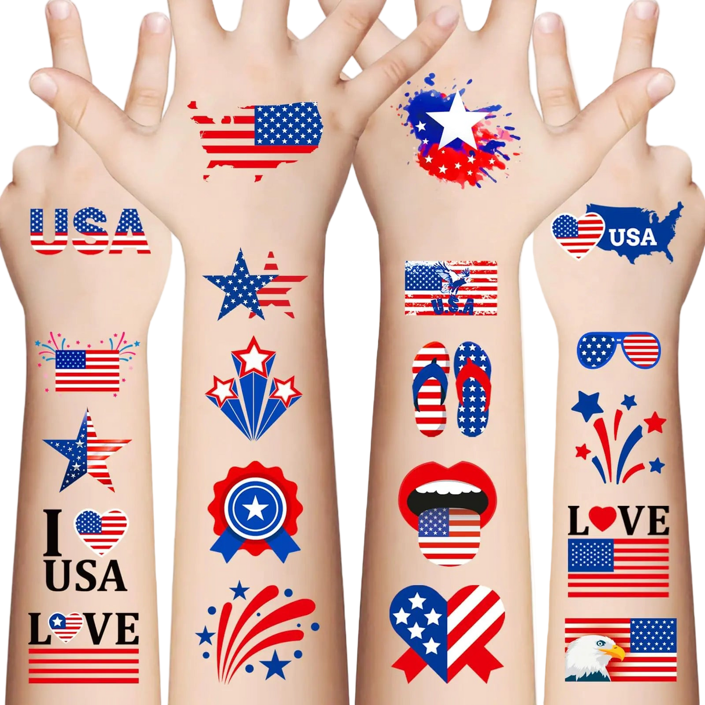 Children's hands with American-themed temporary tattoos on a white background