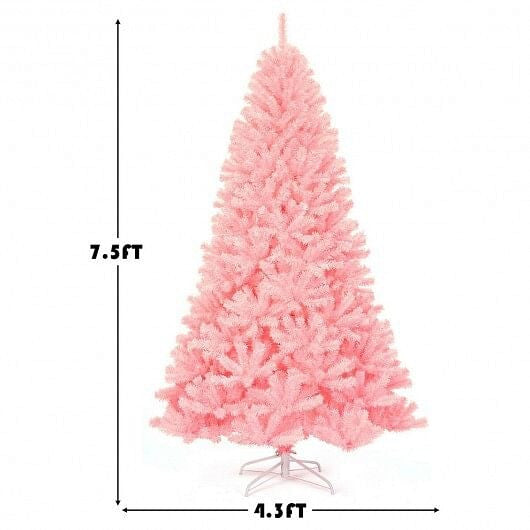 Pink artificial Christmas tree with measurements on a white background