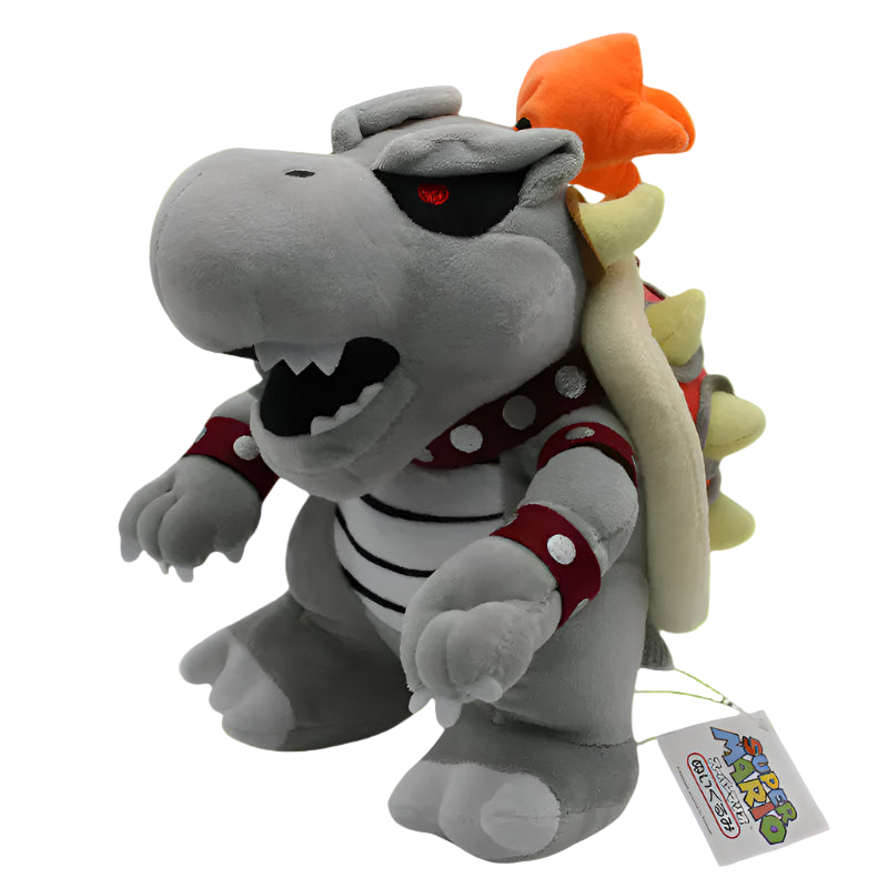 Gray plush toy with red accents and a tag on a white background