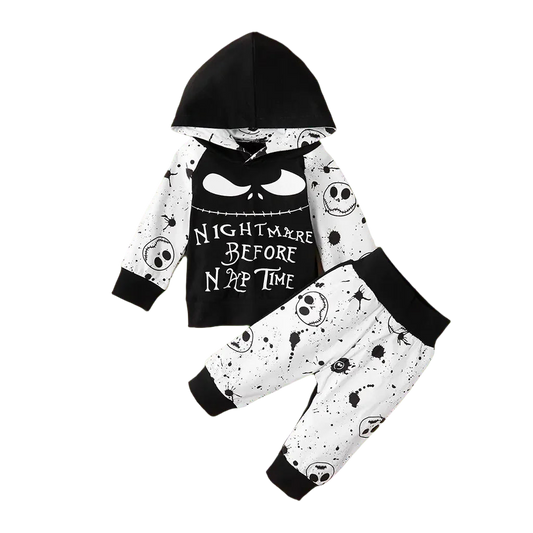 Children's hoodie and pants set with 'Nightmare Before Christmas' design on a beige background