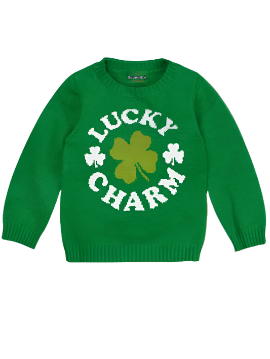 Green sweater with 'Lucky Charm' and clover design on a white background