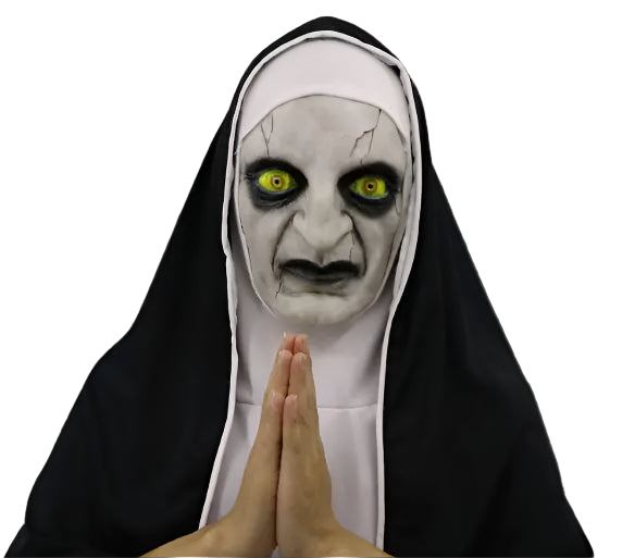 Person wearing a black hooded outfit with a white face mask on a gray background