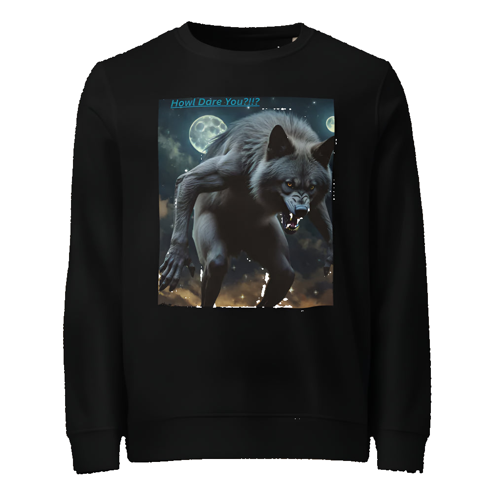 Black sweatshirt with a graphic of a werewolf howling at the moon on a white background