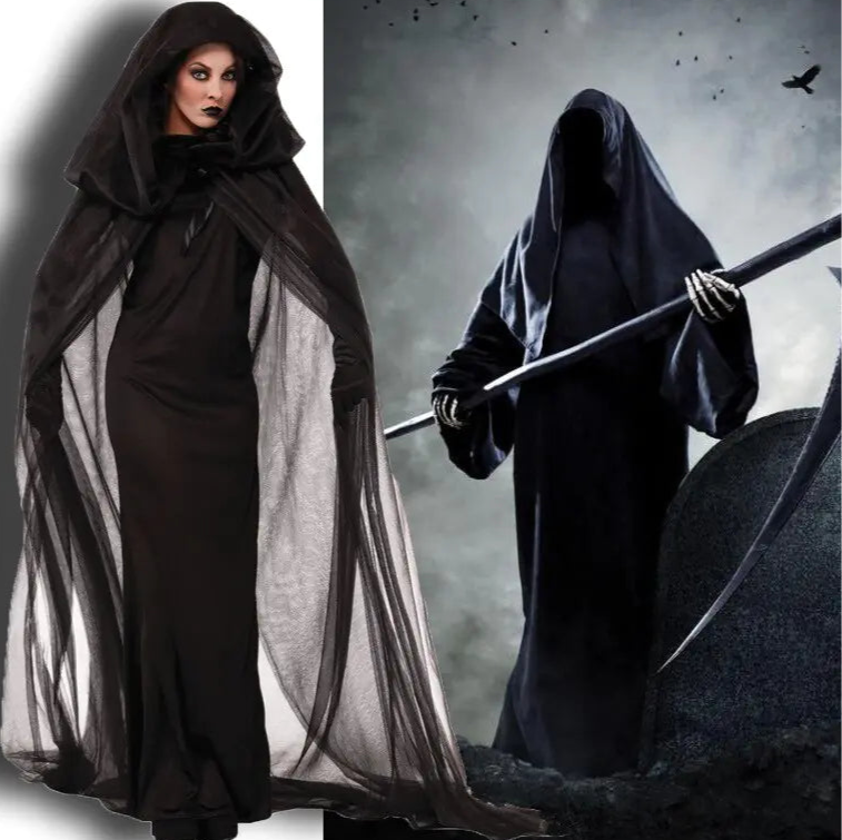 Person in a dark hooded cloak with sheer overlay on a white background, and another person in a similar cloak holding a scythe against a dark, cloudy sky.