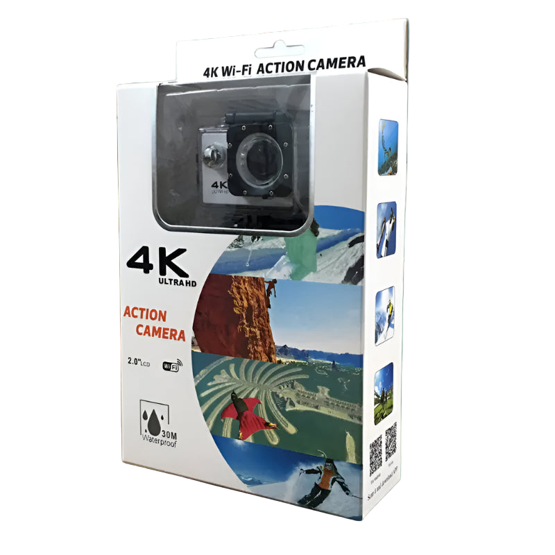 Boxed 4K action camera with various outdoor activities depicted on the packaging.