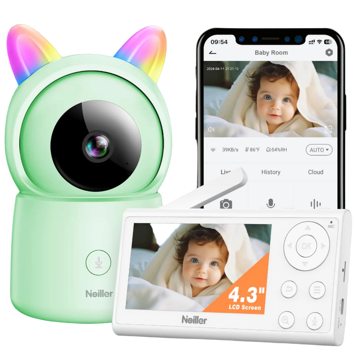 Neiller baby monitor with camera and display, showing a baby's face on both the camera and display.