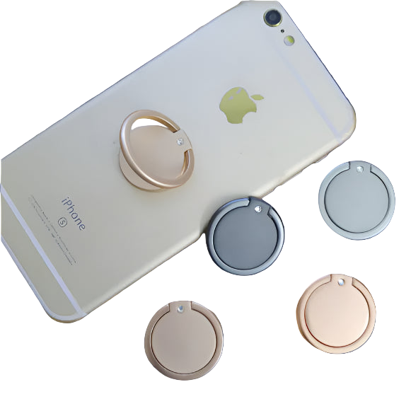 Phone case with multiple ring holders on a wooden surface