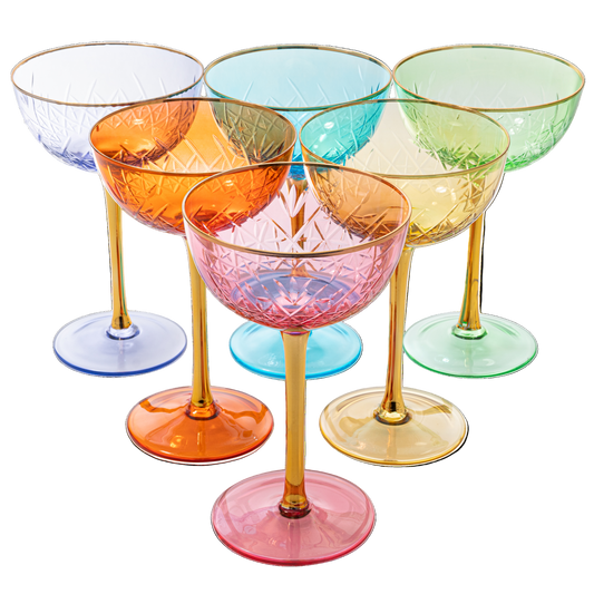 Set of six colorful glass goblets on a white background