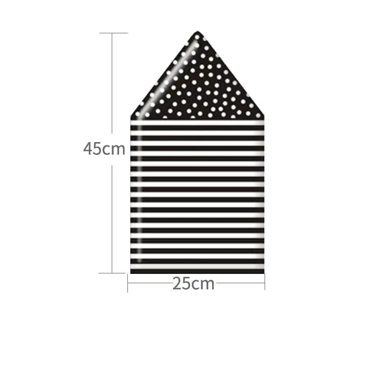 Black and white patterned fabric swatch with measurements on a white background