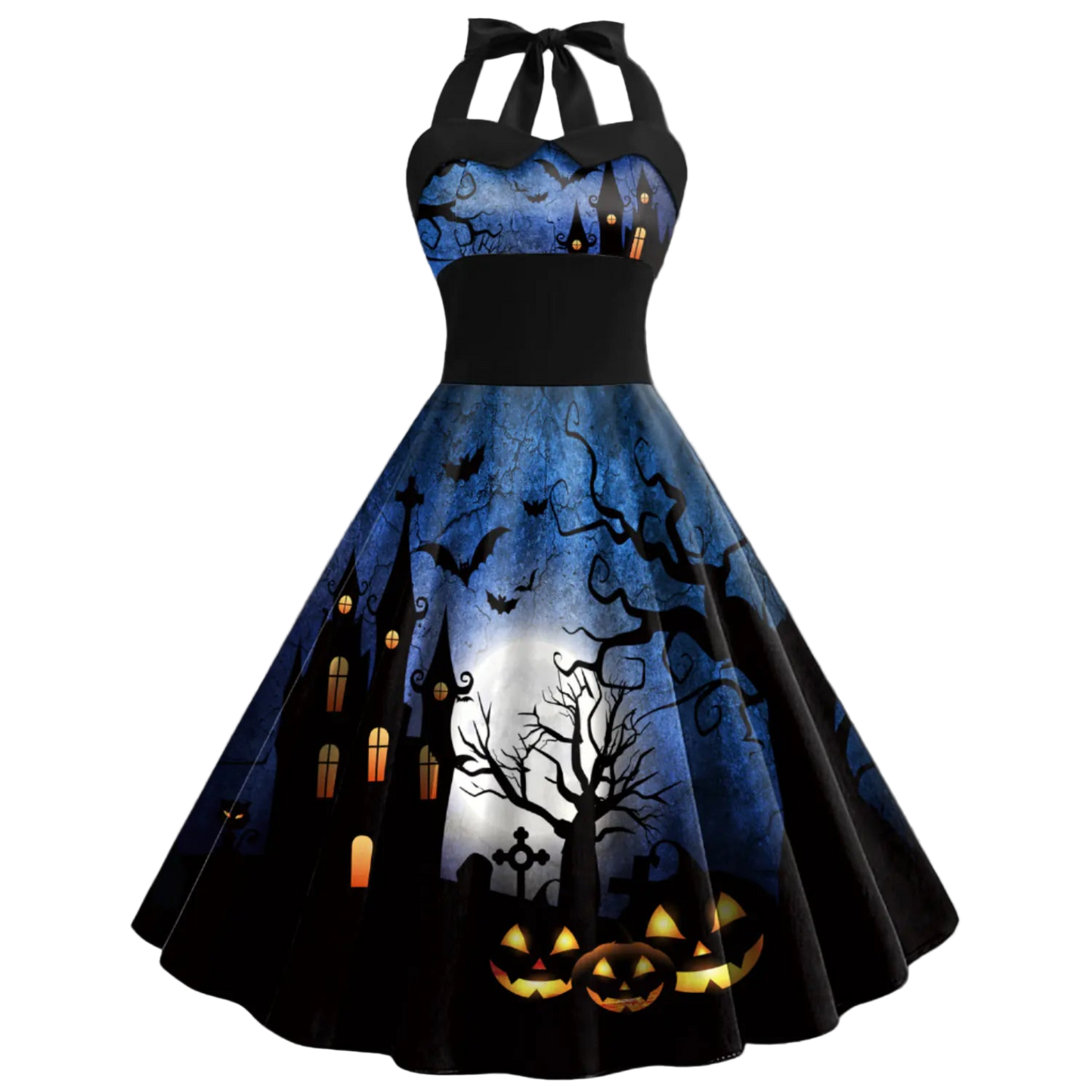 Halloween-themed dress with pumpkins, bats, and a castle on a blue background
