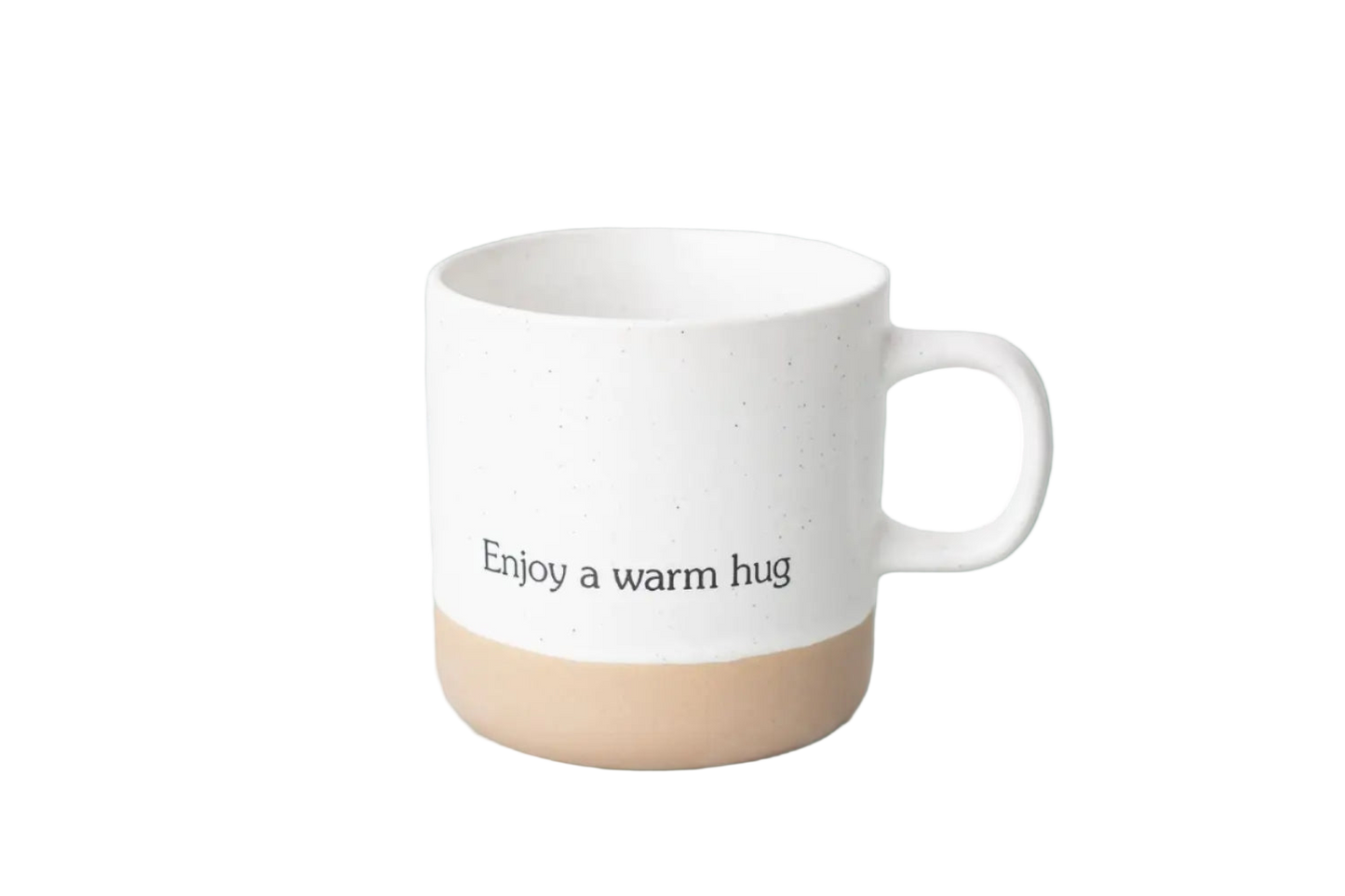 Mug with 'Enjoy a warm hug' text on a light background