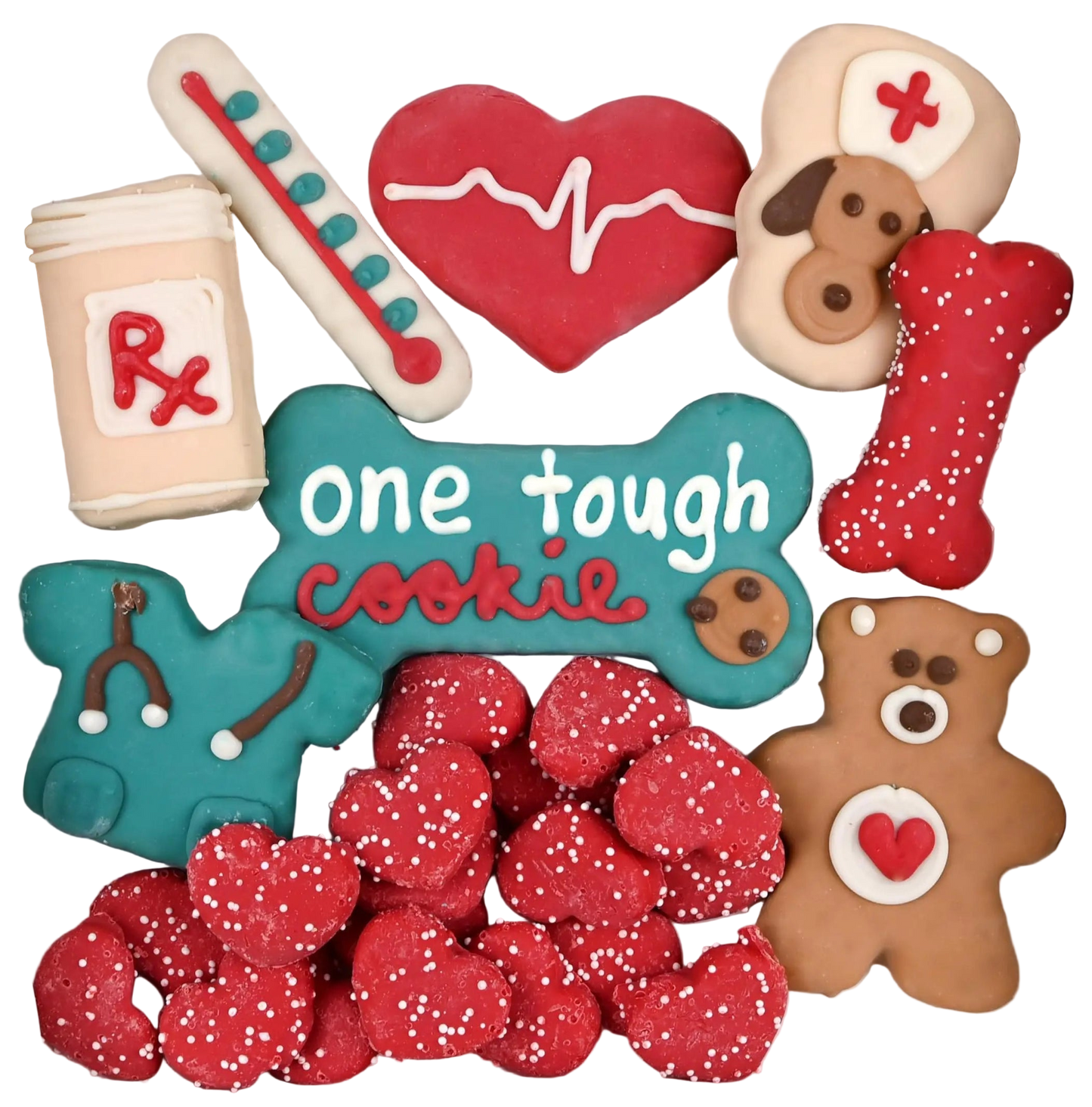 Collection of decorated cookies shaped like medical-themed items in a box.