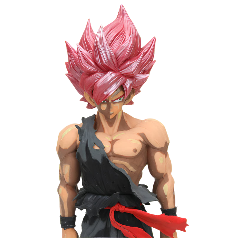 Action figure with pink spiky hair and black and red outfit on a white background