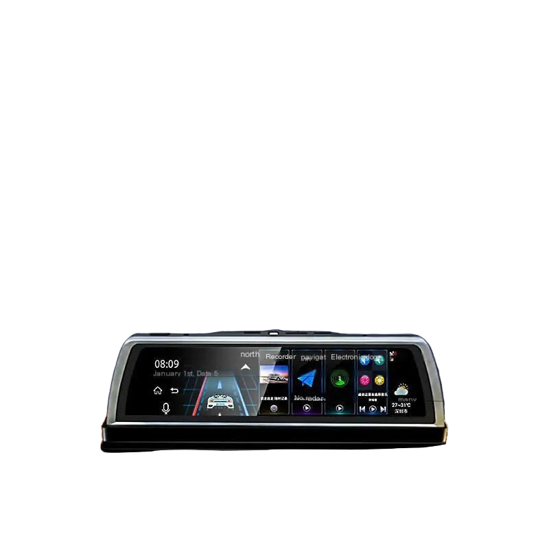 Car dashboard with a digital display showing various icons and information against a blurred night-time background.