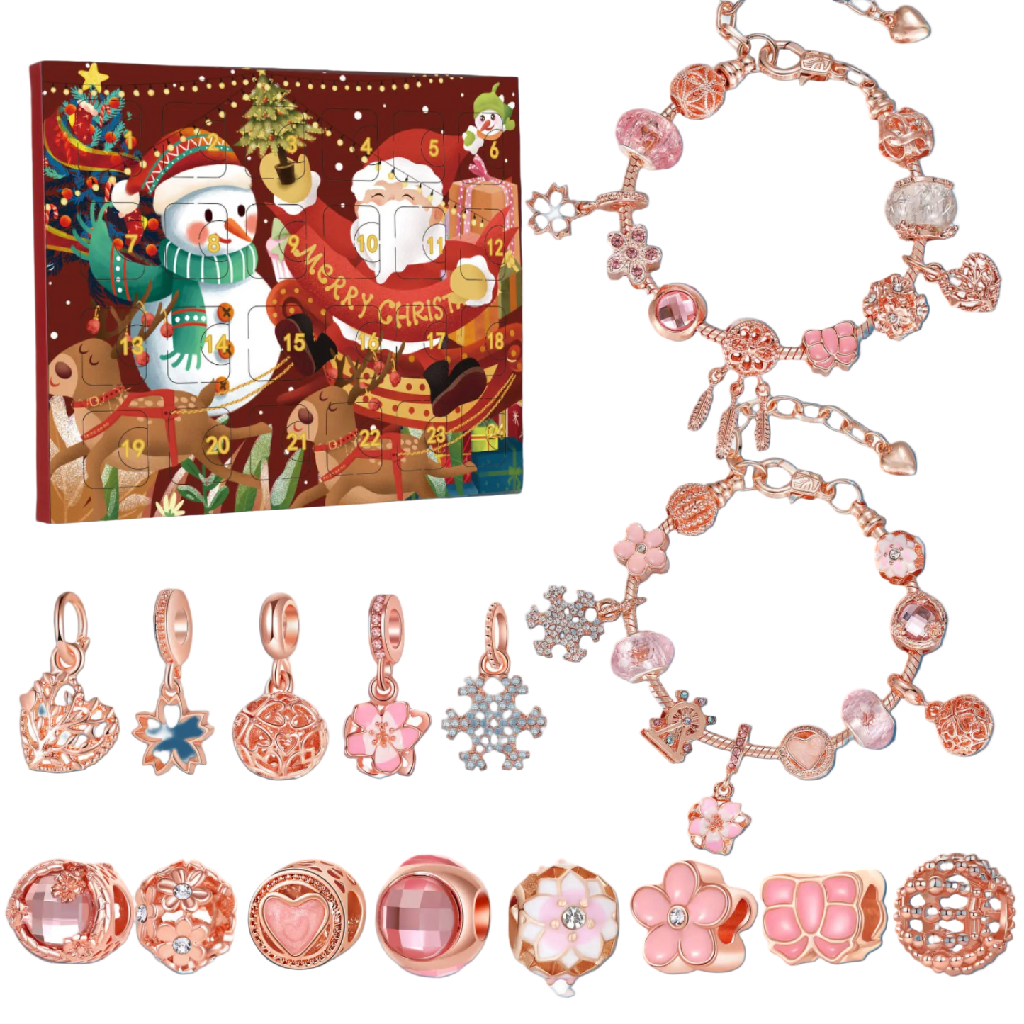 Christmas-themed advent calendar with jewelry charms on a white background