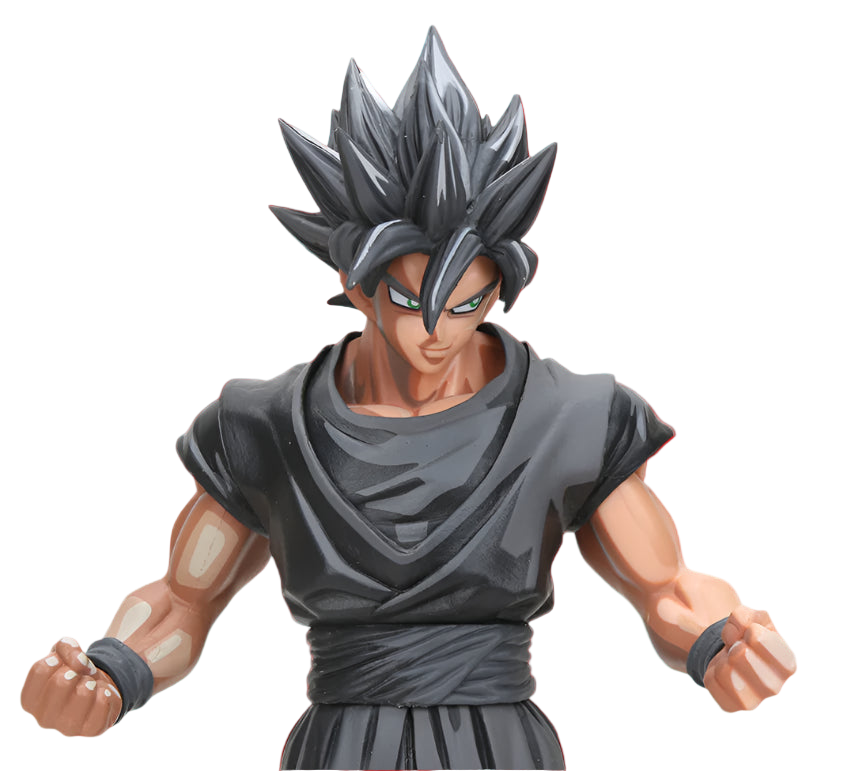 Action figure with spiky hair and gray outfit on a white background