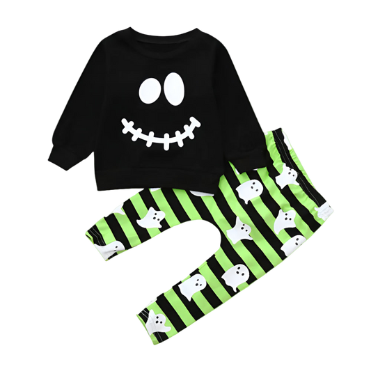 Halloween-themed children's outfit with black shirt and green striped pants featuring ghost designs on a white background.