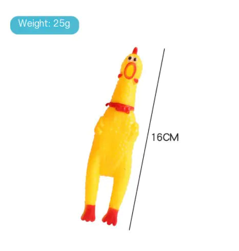 Yellow chicken-shaped toy with weight and size measurements on a white background