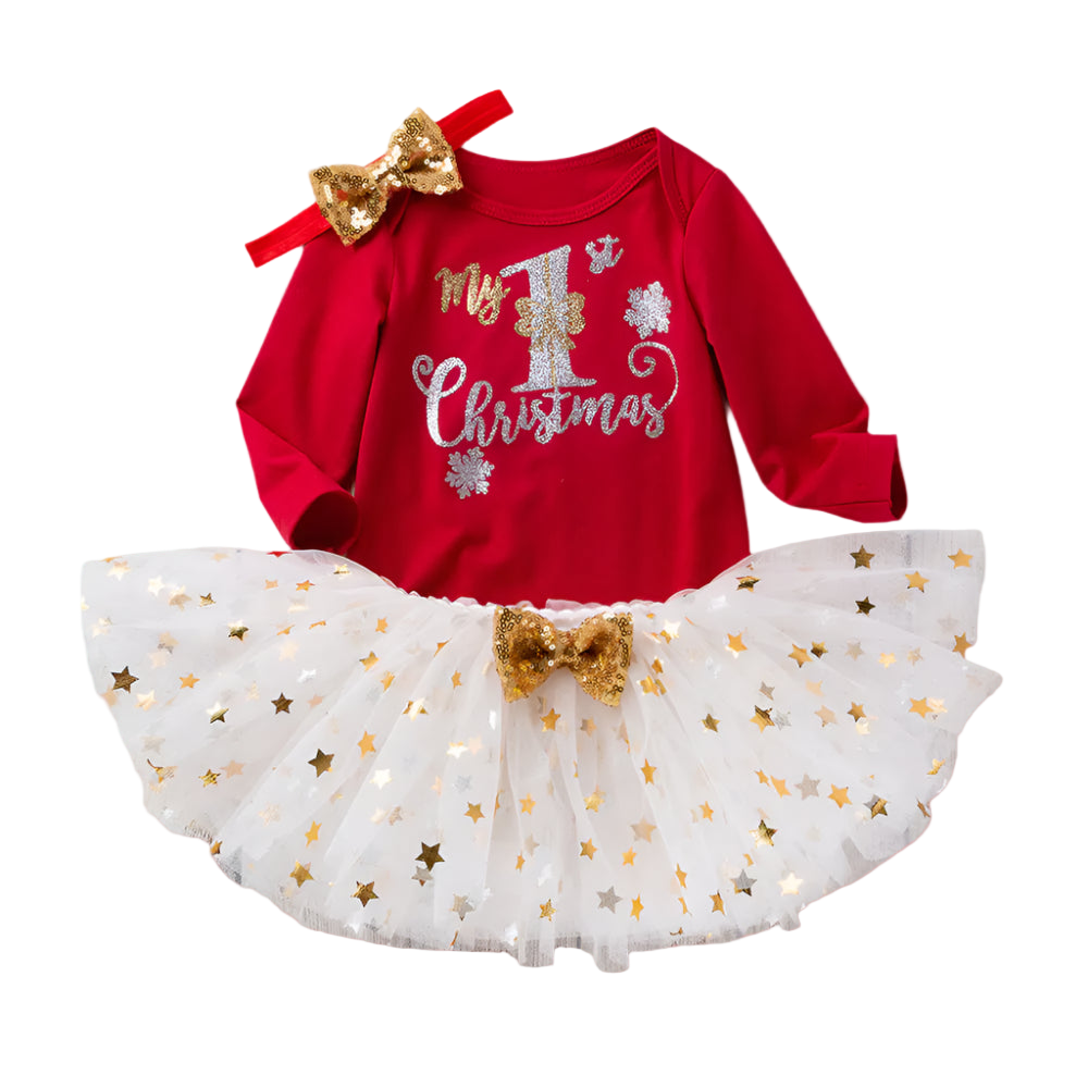 Red Christmas-themed outfit with white tutu, gold bow, and 'My 1st Christmas' text on a wooden background.