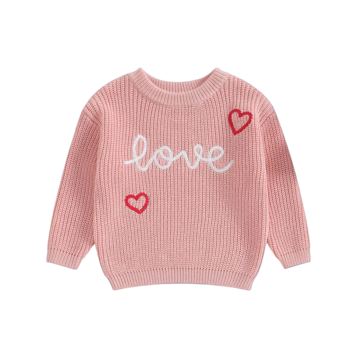 Pink sweater with 'love' and heart designs on a white background
