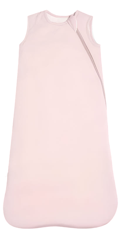 Pink baby sleeping bag with temperature rating on a white background
