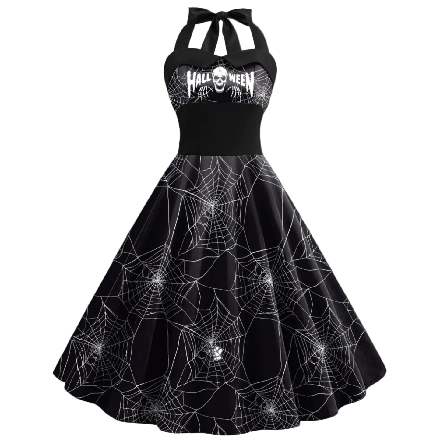 Black dress with spider web pattern and 'Halloween' text on a white background