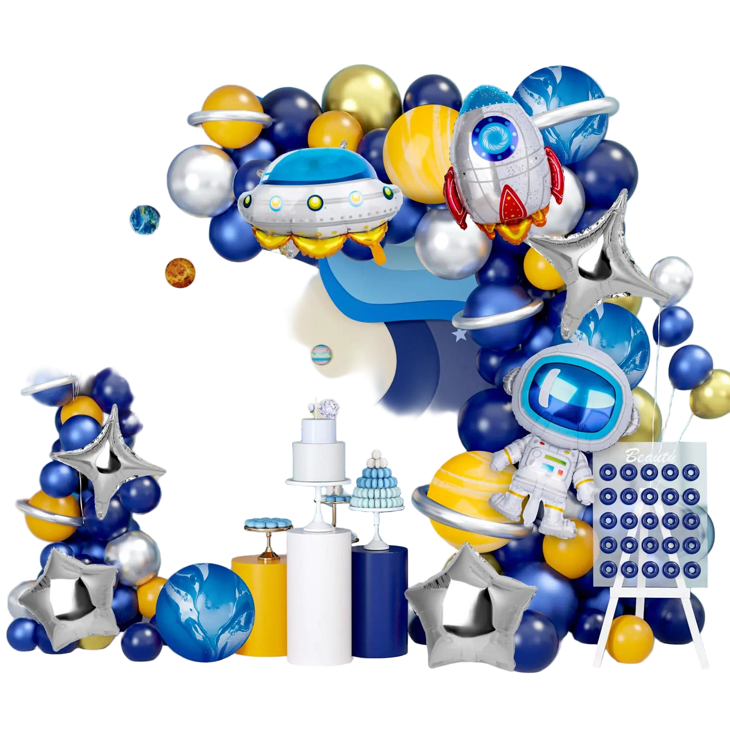 Space-themed balloon arch with planets, stars, and astronaut decorations against a blue background.