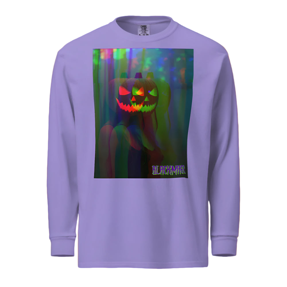 Purple long-sleeve shirt with a Halloween-themed design of a jack-o'-lantern and ghost.