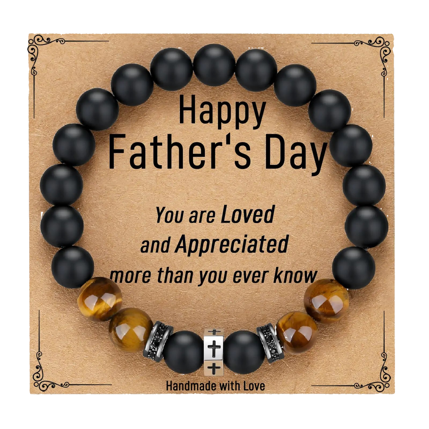 Black beaded bracelet with decorative elements on a 'Happy Father's Day' card.