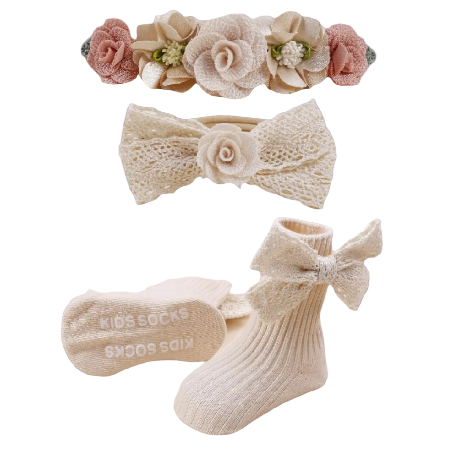 Set of baby headbands and socks with floral designs on a white background