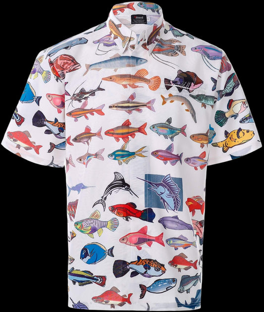 Short-sleeve shirt with colorful fish pattern on a white background
